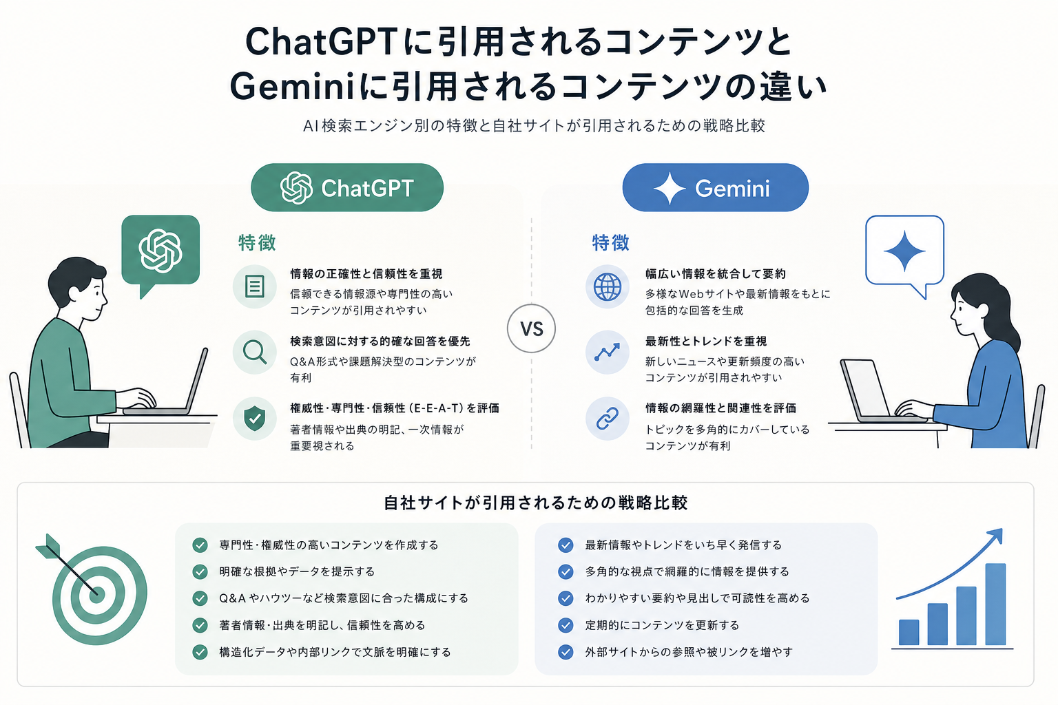 ChatGPTに引用されるコンテンツとGeminiに引用されるコンテンツの違い|AI検索エンジン別の特徴と自社サイトが引用されるための戦略比較