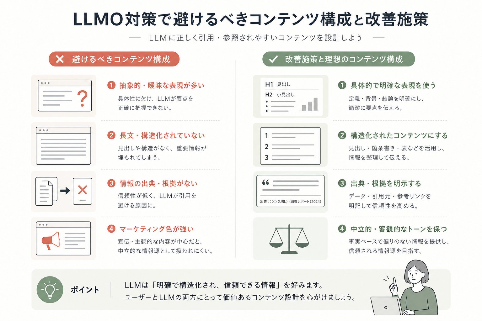 LLMO対策で避けるべきコンテンツ構成と改善施策をわかりやすく解説
