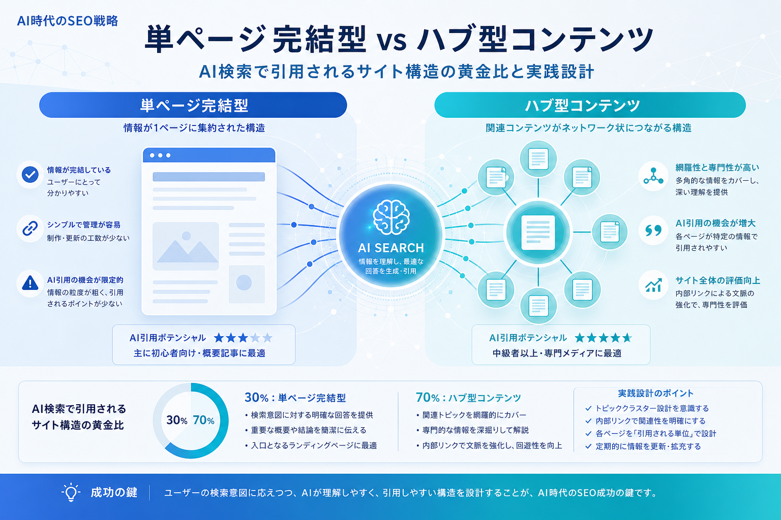 単ページ完結型 vs ハブ型コンテンツ──AI検索で引用されるサイト構造の黄金比と実践設計