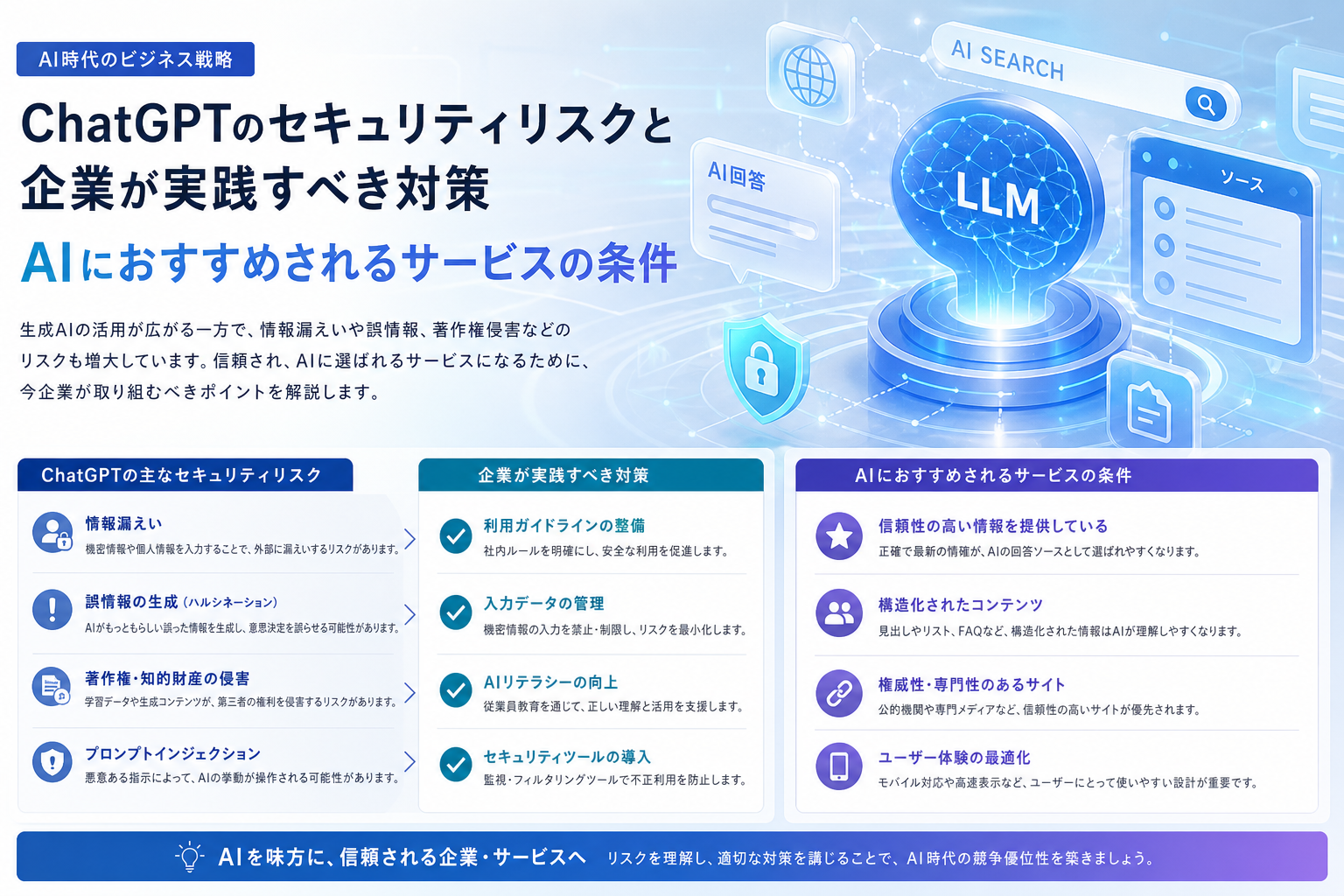 ChatGPTのセキュリティリスクと企業が実践すべき対策|AIにおすすめされるサービスの条件