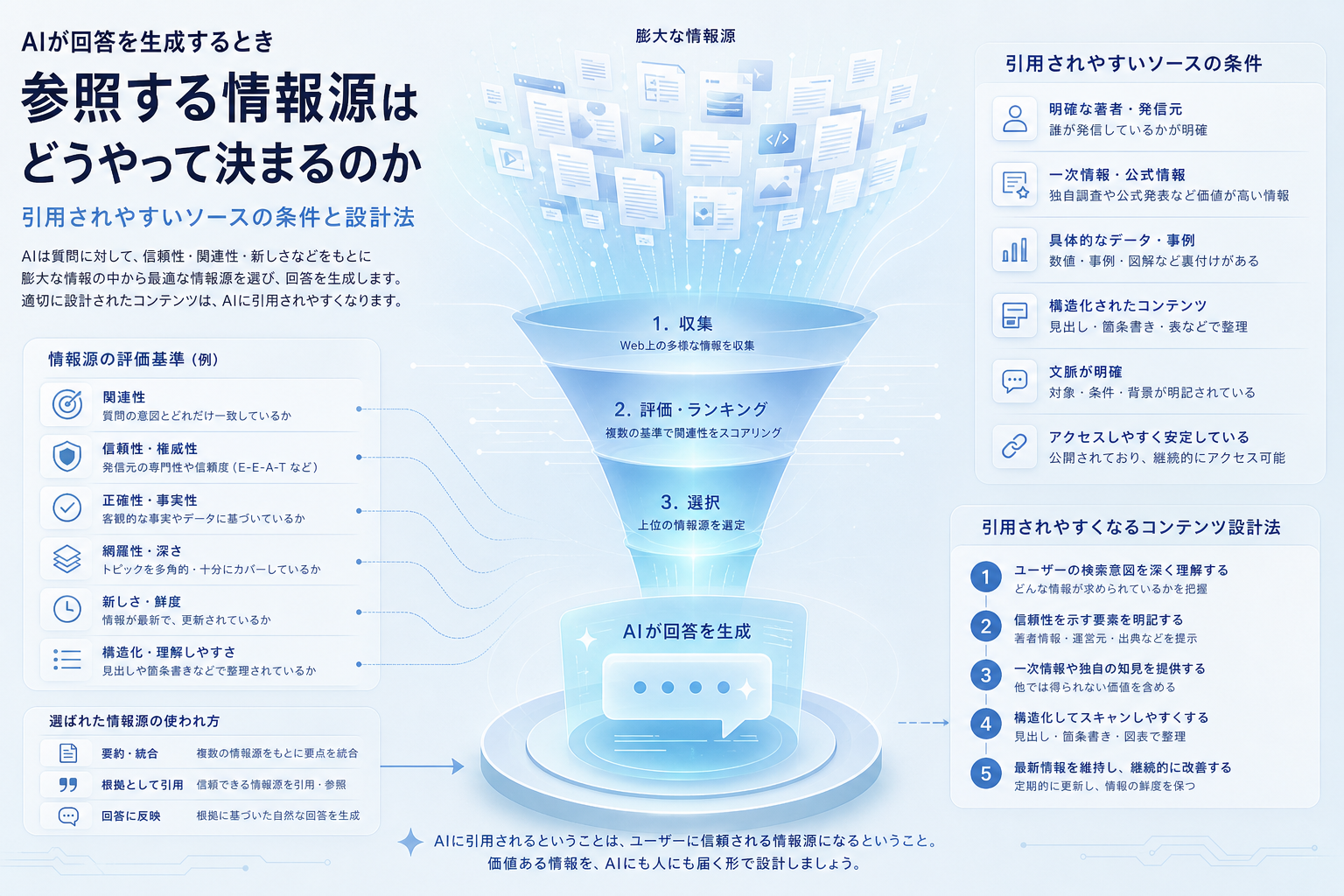 AIが回答を生成するとき参照する情報源はどうやって決まるのか|引用されやすいソースの条件と設計法