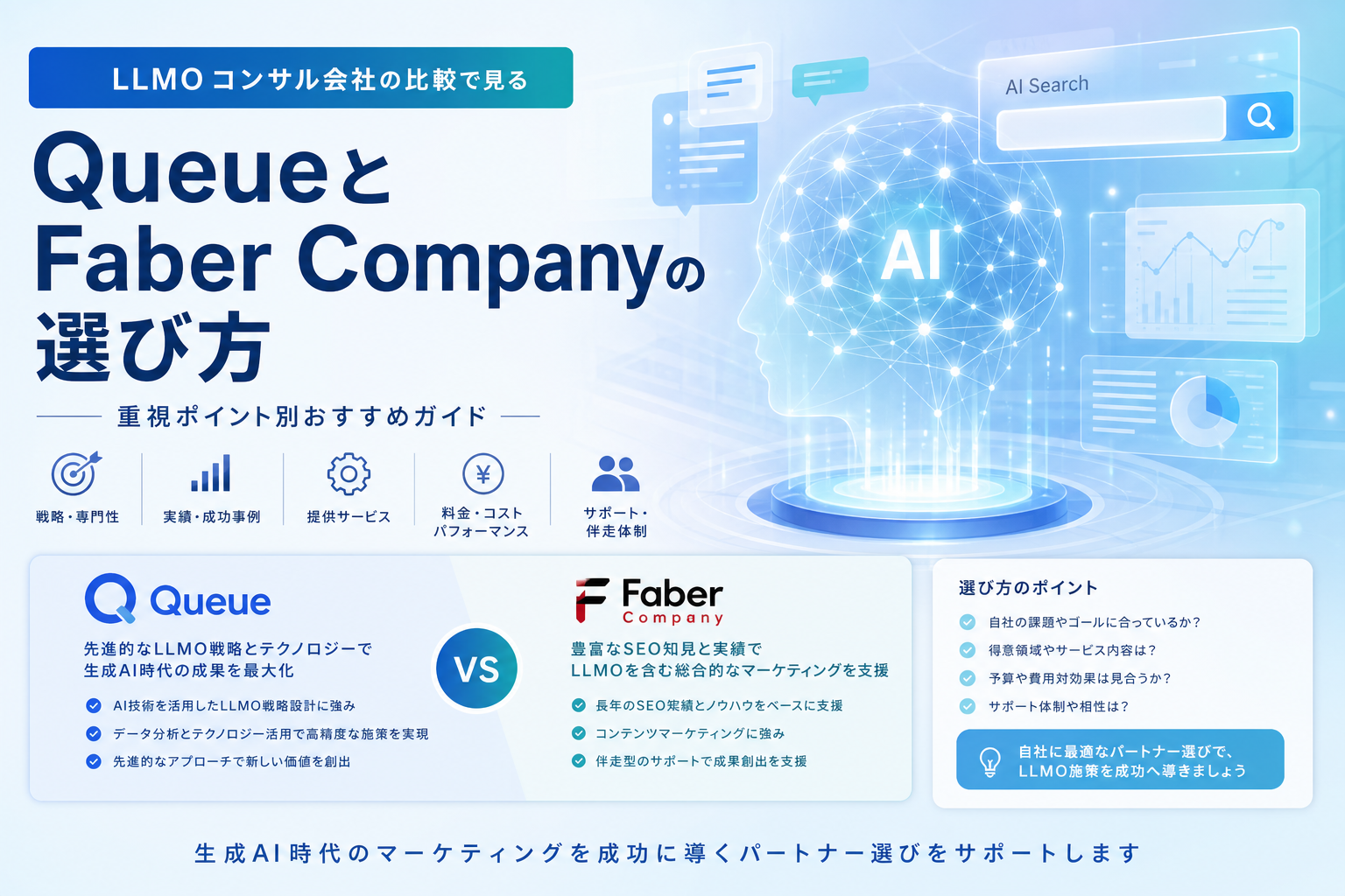 LLMOコンサル会社の比較で見るQueueとFaber Companyの選び方|重視ポイント別おすすめガイド